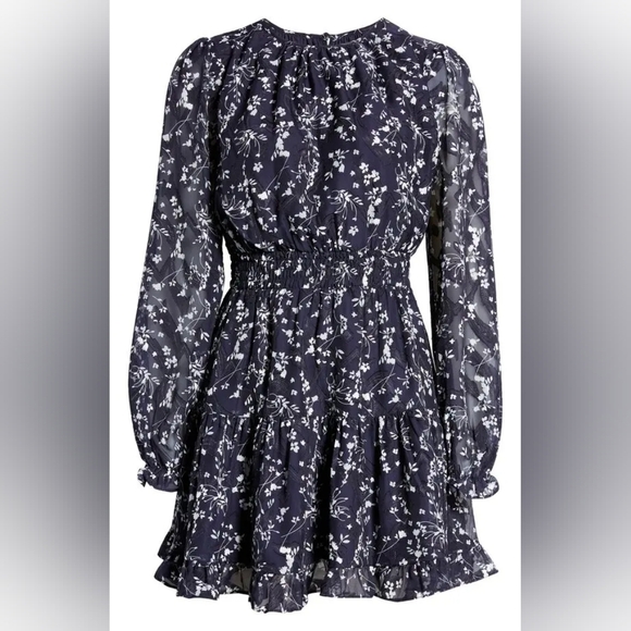 Lulu's Navy Blue Floral Chiffon Smocked Ruffle Too Cute Long Sleeve Mini Dress - Picture 7 of 16